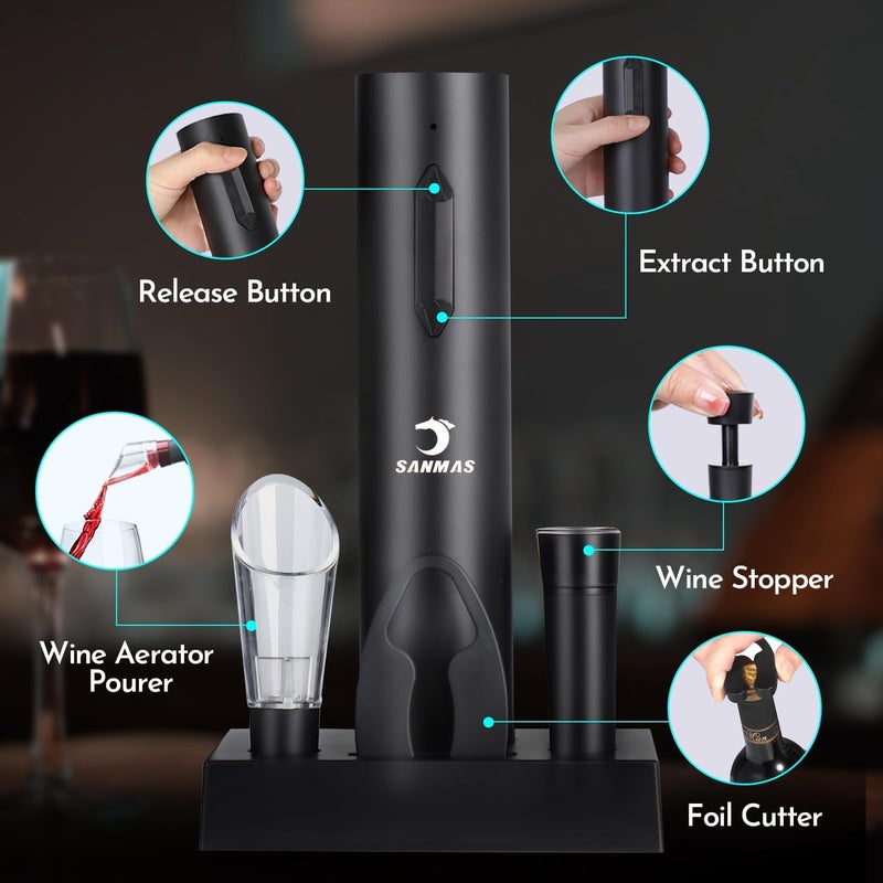 SUNMAS Rechargeable Electric Wine Opener Set, 5-in-1 Automatic Corkscrew with Foil Cutter & Wine Aerator Pourer, 2 Vacuum Stoppers, Type-C Cable & Stand | Complete Wine Accessories Kit Gift Box - Image 3
